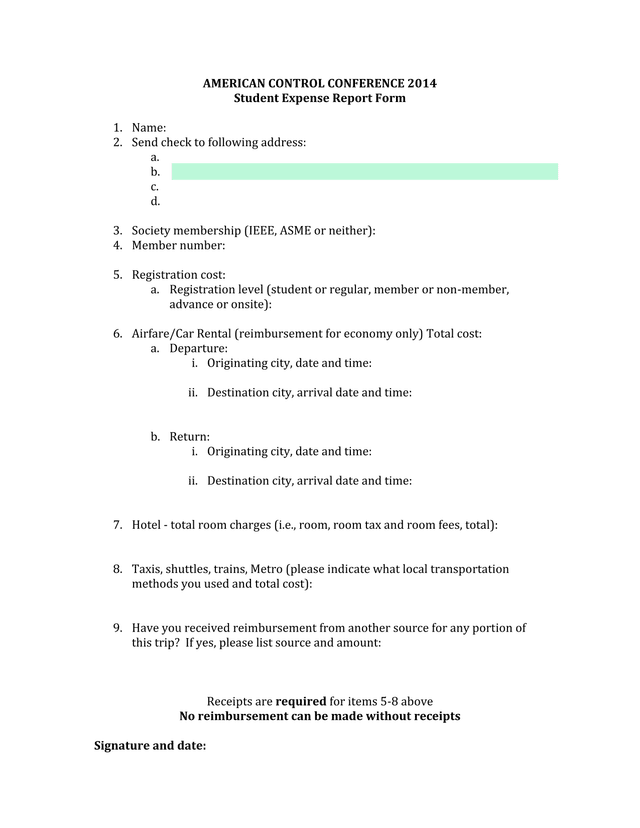 Student Expense Report Form screenshot