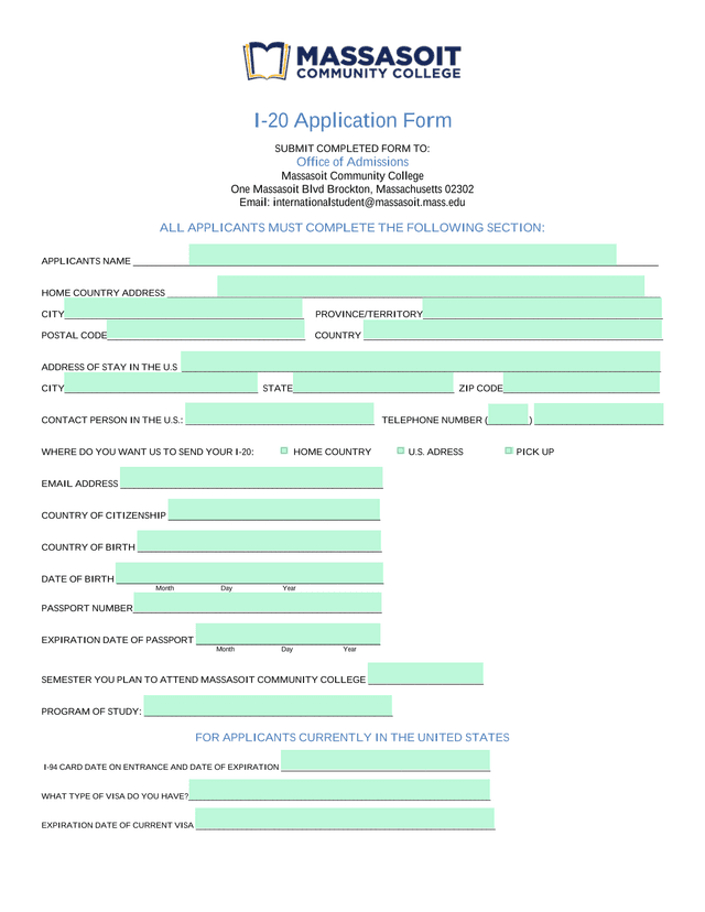 I 20 Application Form screenshot