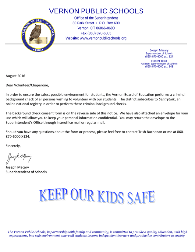 VolunteerChaperone Background Check Notice screenshot