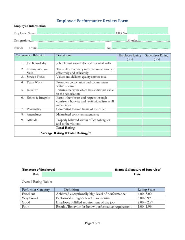 Employee Performance Review Form screenshot