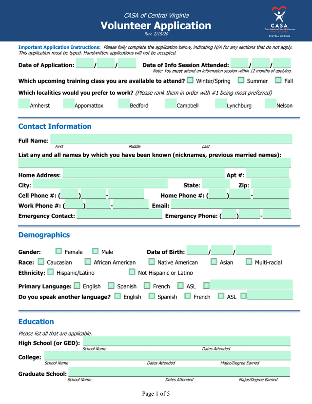 Application Instructions And Contact Information Form screenshot