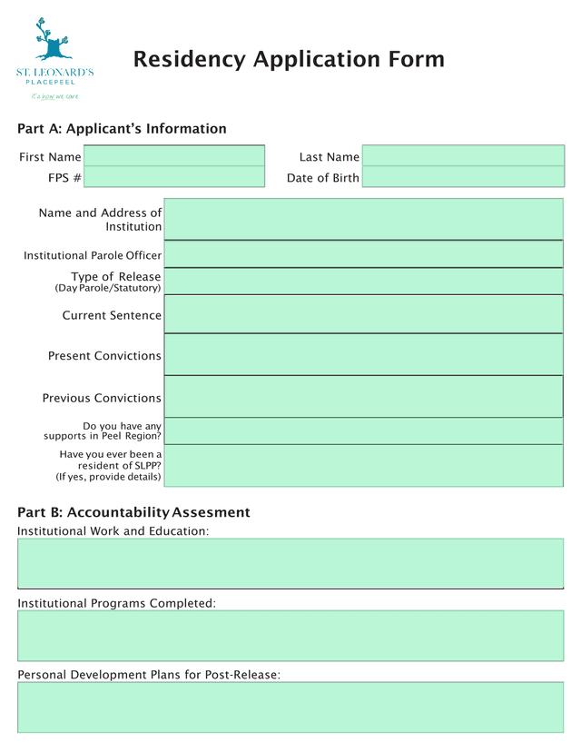 Residency Application Form screenshot