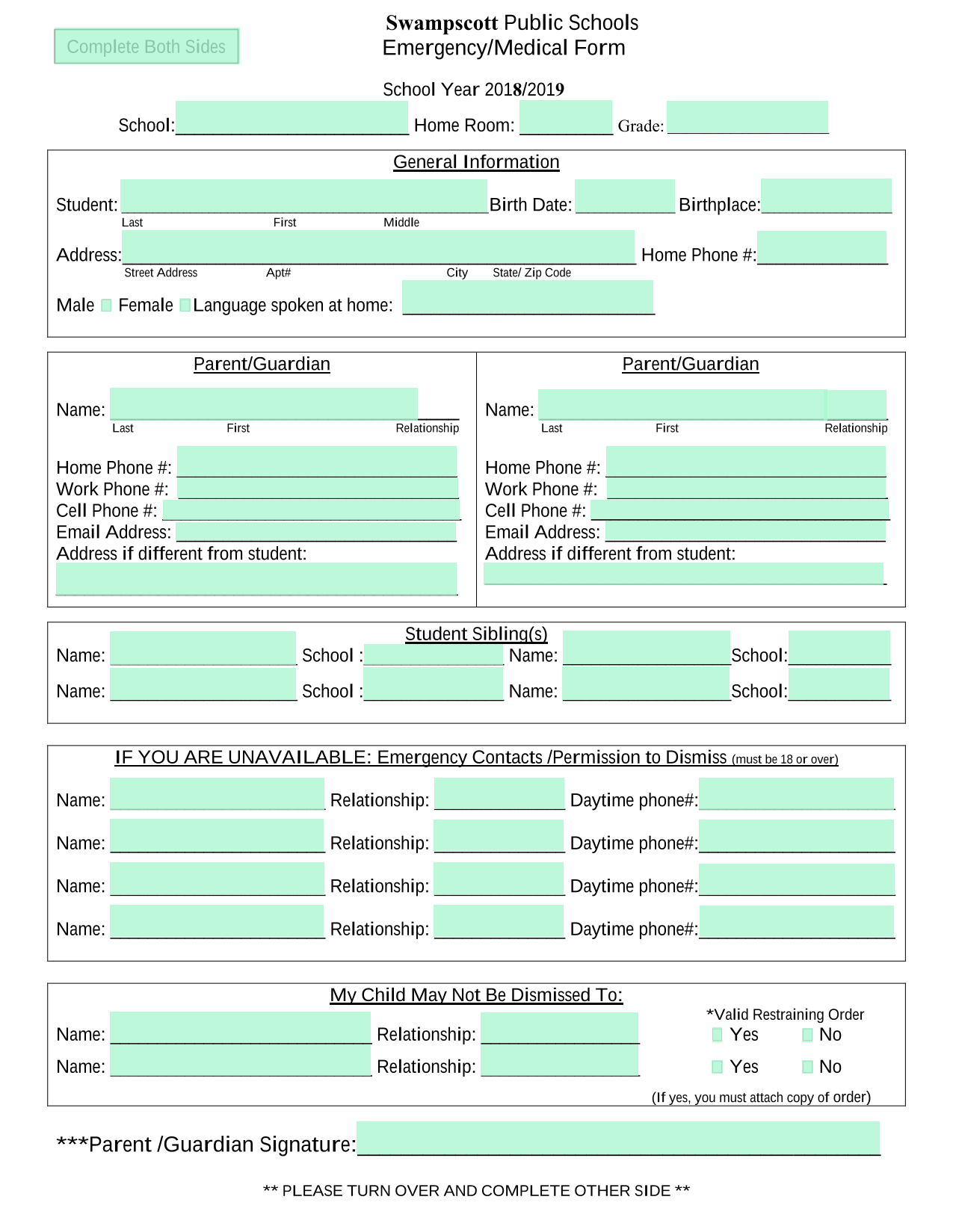 Swampscott Public Schools EmergencyMedical Form screenshot