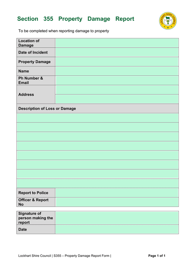 Section 355 Property Damage Report Form screenshot