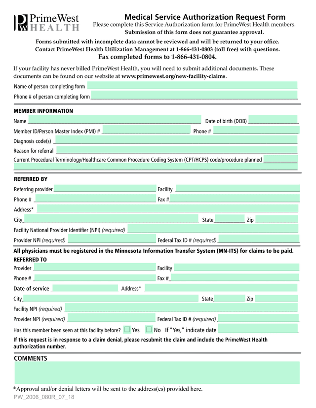 Medical Service Authorization Request Form screenshot