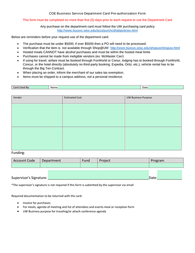 COE Business Service Department Card Pre Authorization Form screenshot