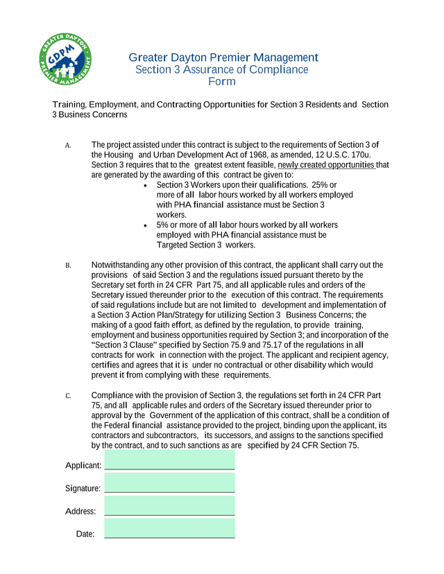Section 3 Assurance Of Compliance Form screenshot