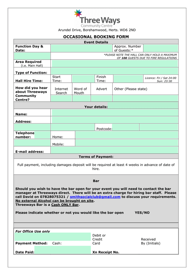 Occasional Booking Form screenshot