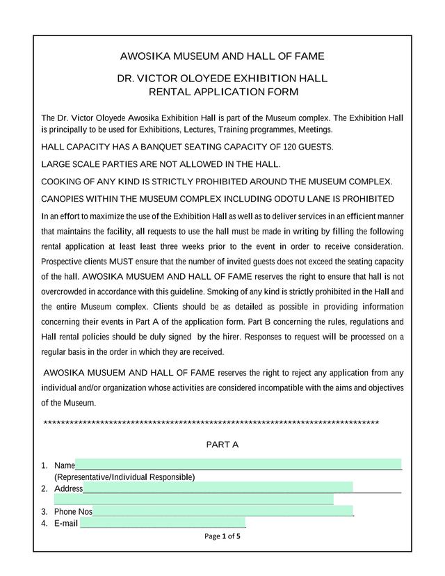 AWOSIKA MUSEUM AND HALL OF FAME DR. VICTOR OLOYEDE EXHIBITION HALL RENTAL APPLICATION FORM screenshot