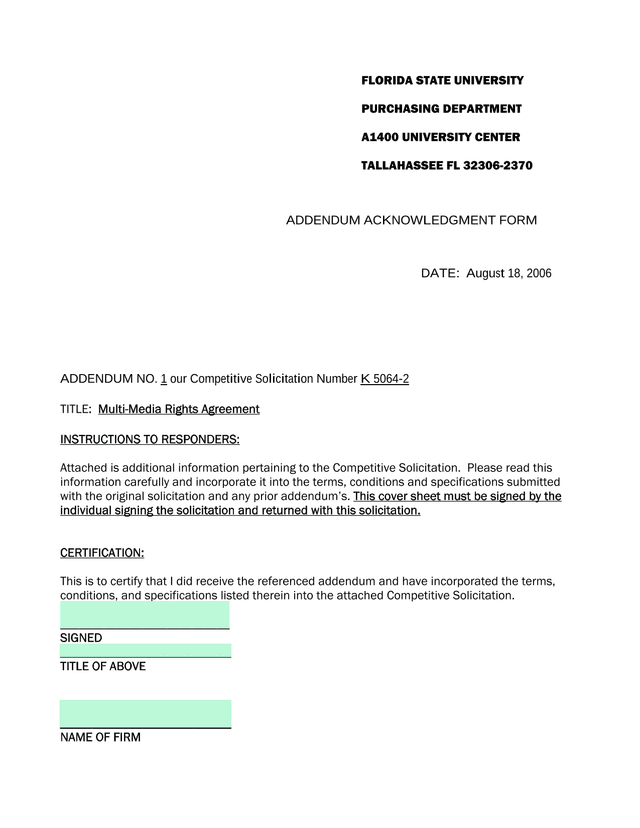 Addendum Acknowledgment Form screenshot