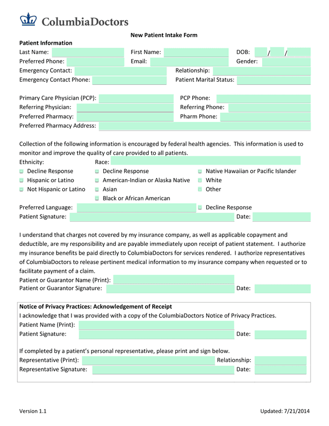 New Patient Intake Form screenshot