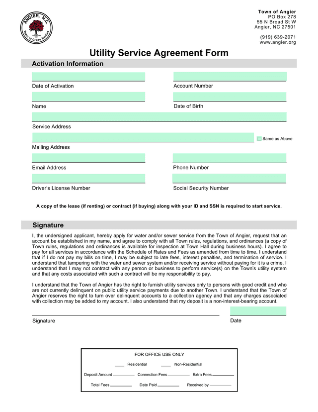 Utility Service Agreement Form screenshot