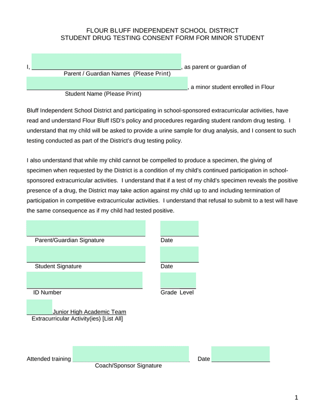 Student Drug Testing Consent Form For Minor Student screenshot