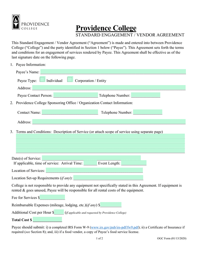 Providence College Standard Engagement  Vendor Agreement screenshot
