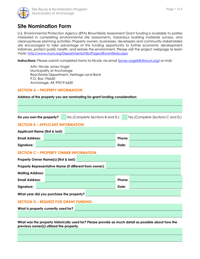 Site Nomination Form screenshot