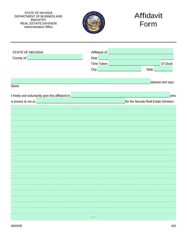 State Of Nevada Real Estate Division Affidavit Form screenshot