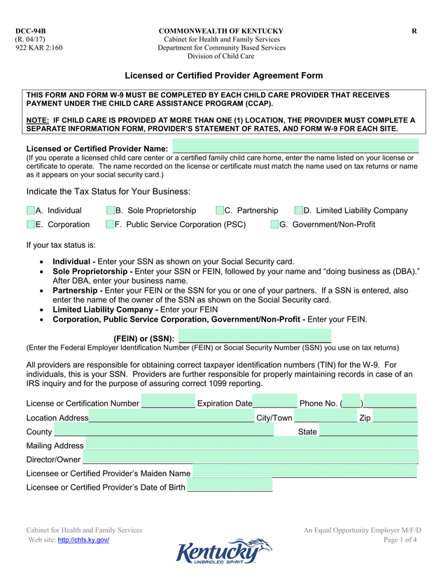 Licensed Or Certified Provider Agreement Form screenshot