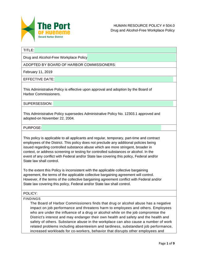 Drug And Alcohol Free Workplace Policy screenshot