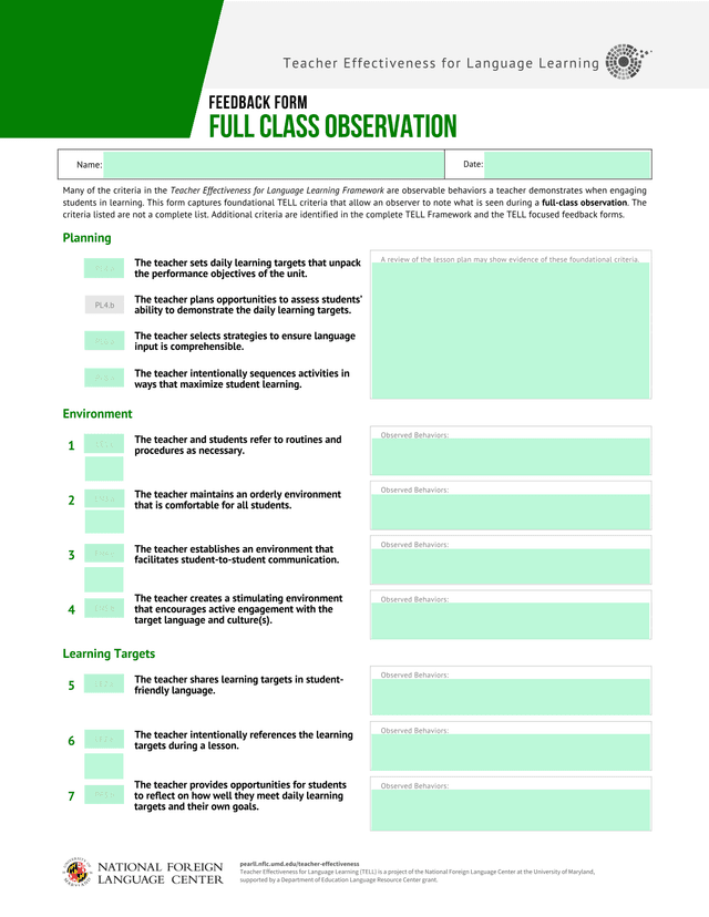 Teacher Effectiveness For Language Learning (TELL) Feedback Form   FULL Class OBSERVATION screenshot