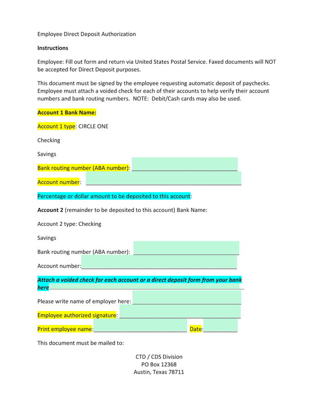 Employee Direct Deposit Authorization Instructions screenshot