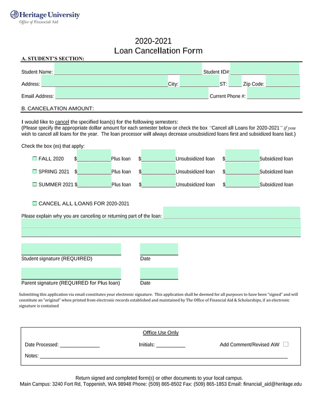 2020 2021 Loan Cancellation Form screenshot