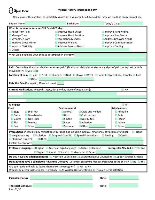 Medical History Information Form screenshot