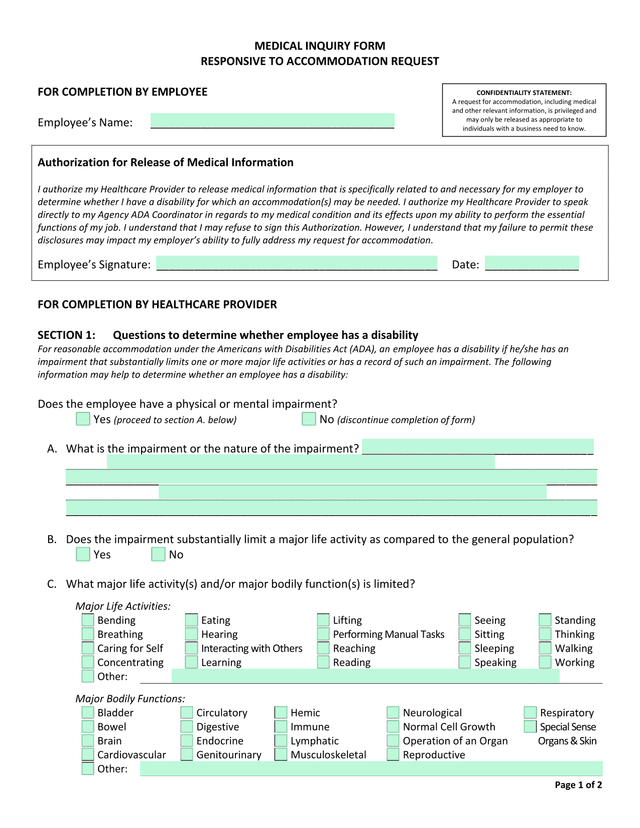 MEDICAL INQUIRY FORM RESPONSIVE TO ACCOMMODATION REQUEST screenshot