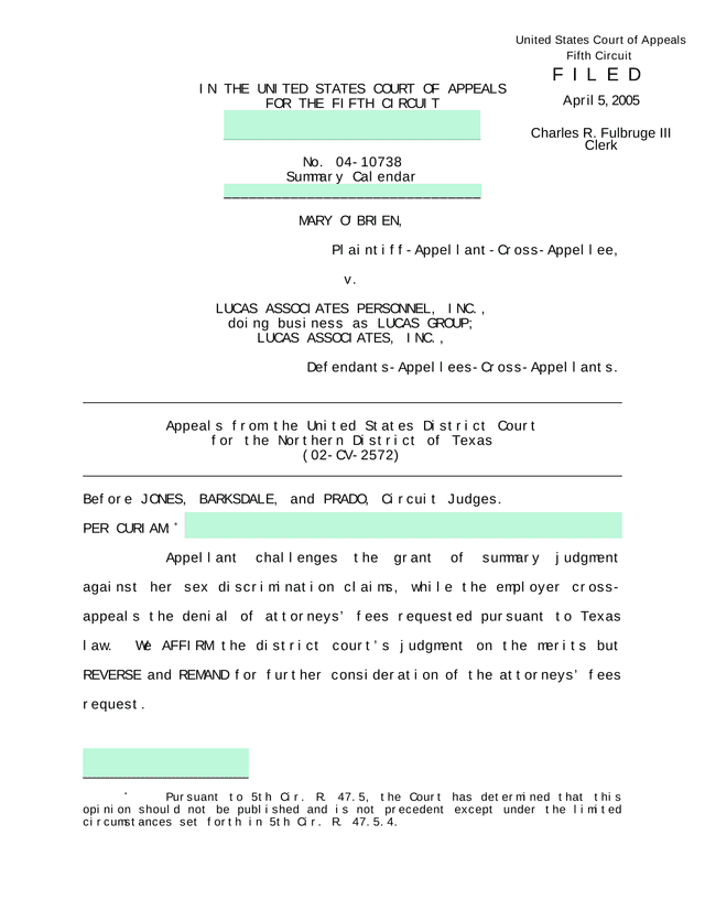 United States Court Of Appeals Fifth Circuit Opinion In OBrien V. Lucas Associates Personnel, Inc. screenshot