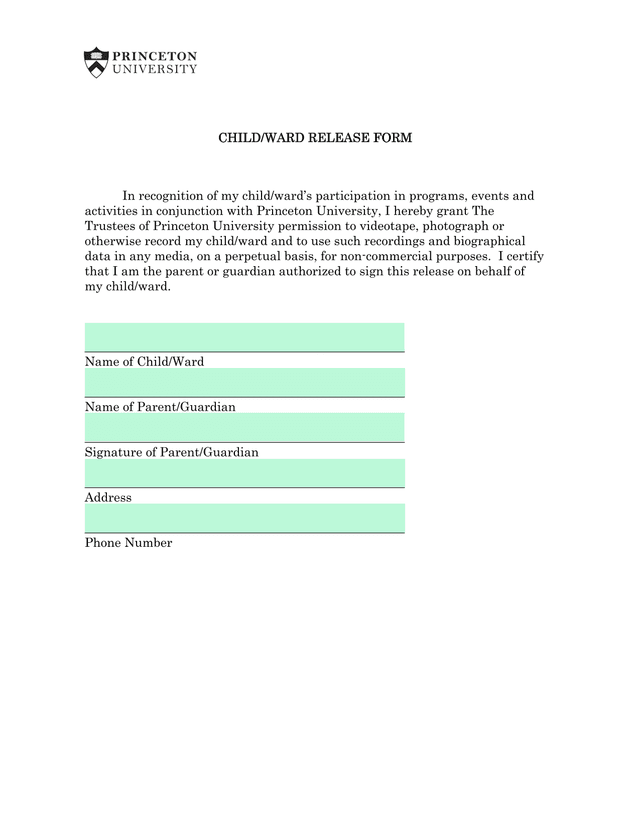 CHILDWARD RELEASE FORM screenshot