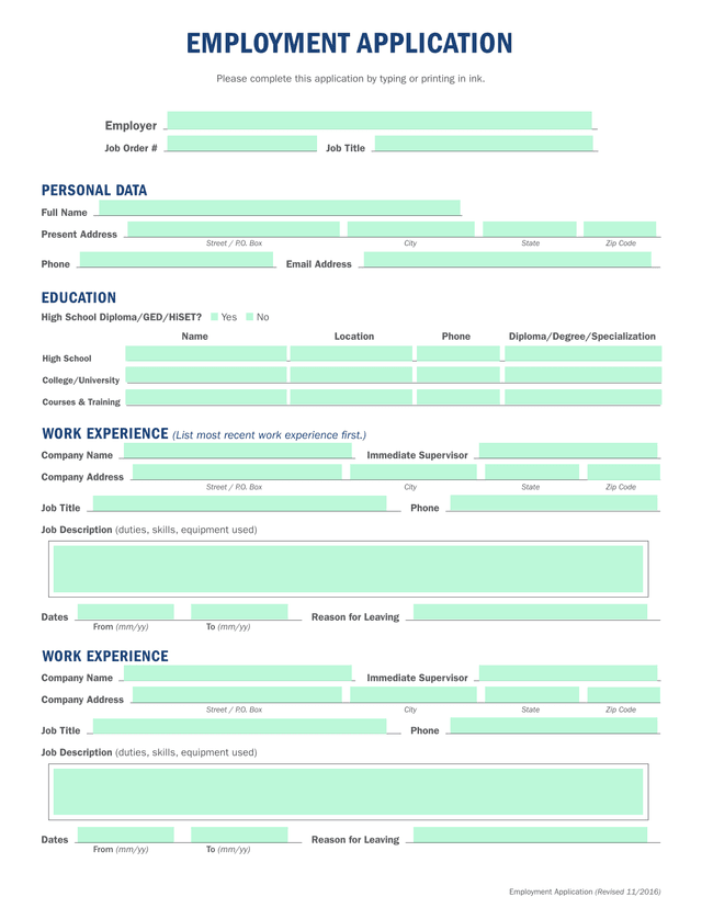 Employment Application (Revised 112016) screenshot