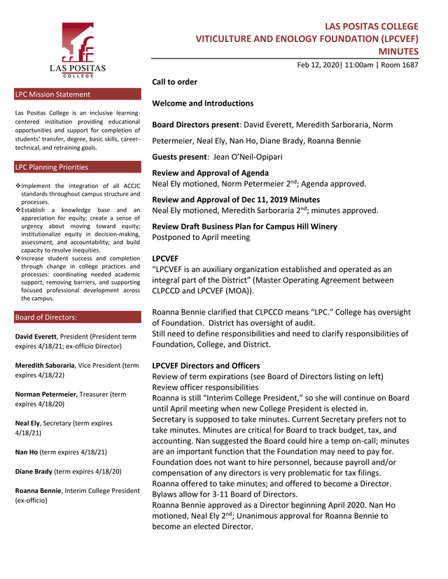 Las Positas College Viticulture And Enology Foundation (LPCVEF) Minutes screenshot