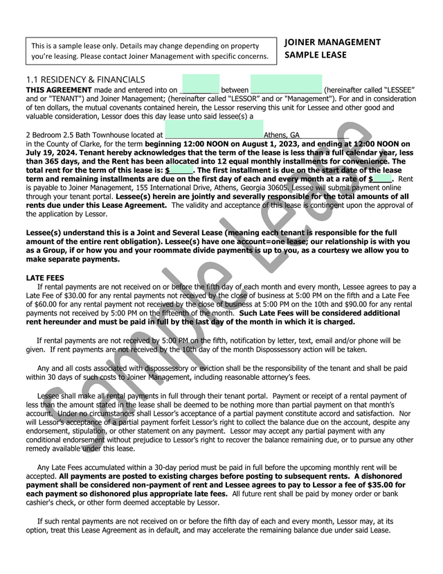SAMPLE LEASE screenshot