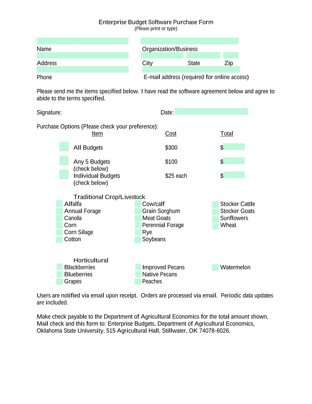 Enterprise Budget Software Purchase Form screenshot