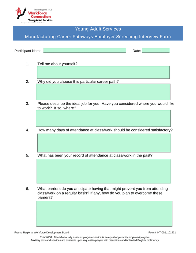 Manufacturing Career Pathways Employer Screening Interview Form screenshot