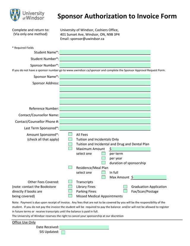 Sponsor Authorization To Invoice Form screenshot
