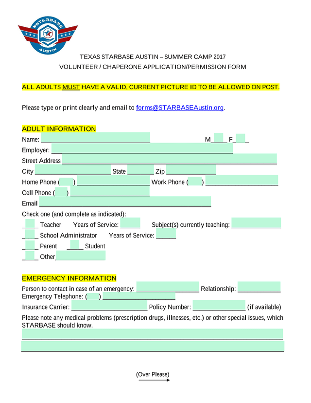 TEXAS STARBASE AUSTIN  SUMMER CAMP 2017 VOLUNTEER  CHAPERONE APPLICATIONPERMISSION FORM screenshot