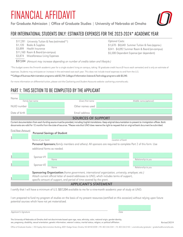 Financial Affidavit For Graduate Admission screenshot