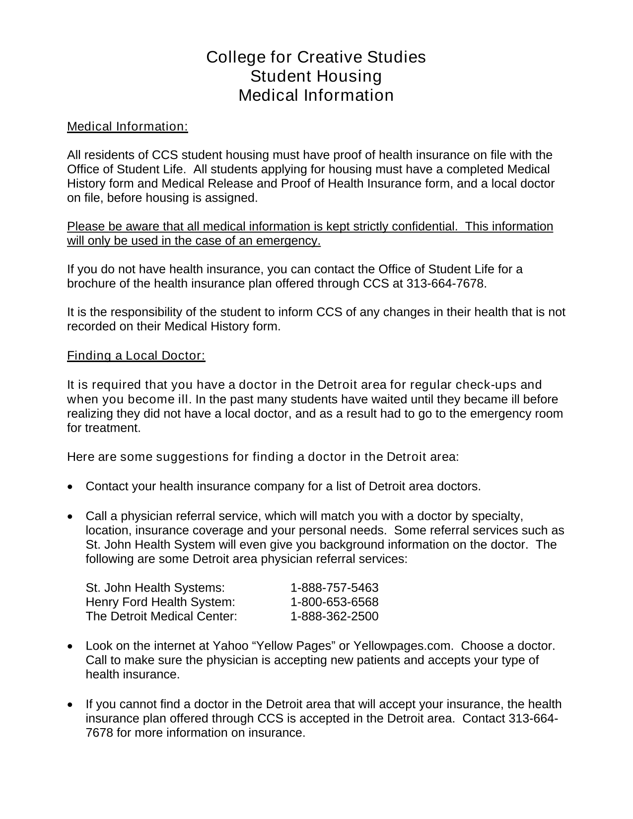 Student Housing Medical Information screenshot