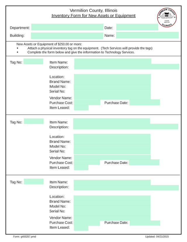 Inventory Form For New Assets Or Equipment screenshot