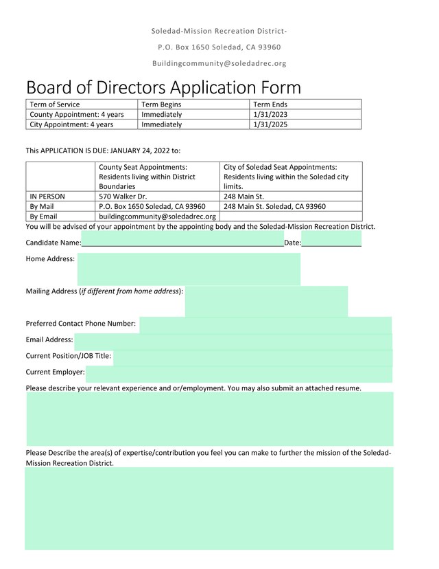 Board Of Directors Application Form screenshot
