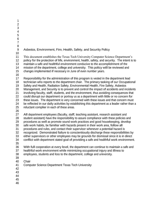 Asbestos, Environment, Fire, Health, Safety, And Security Policy screenshot