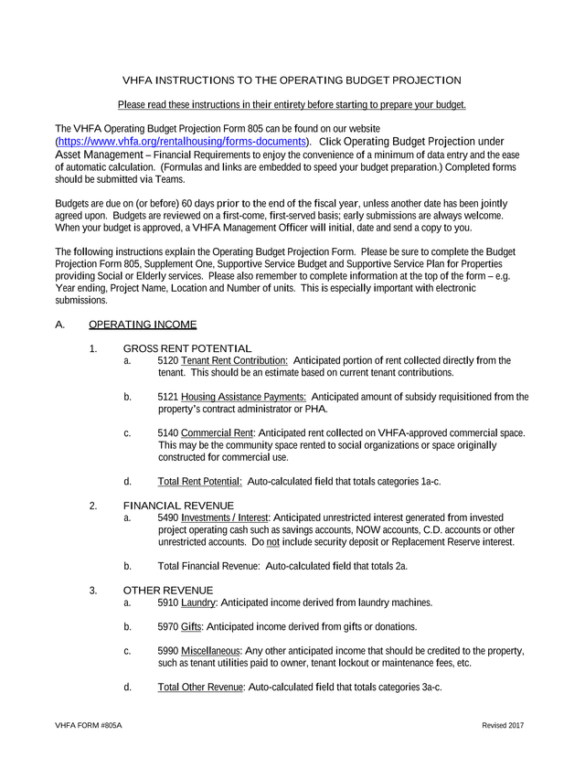 VHFA Form 805A   Instructions To The Operating Budget Projection screenshot