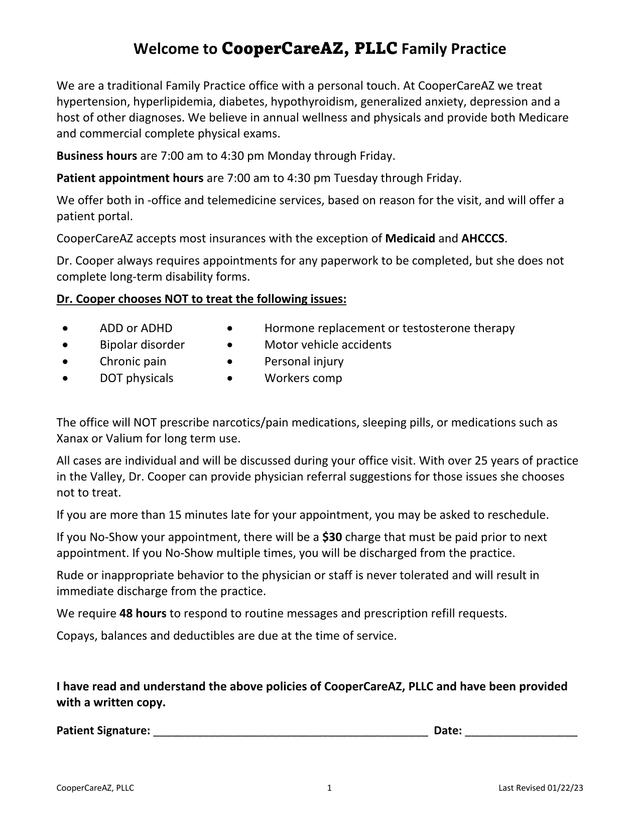 CooperCareAZ, PLLC Family Practice Patient Policies screenshot