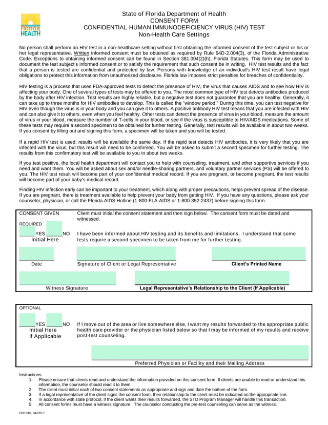 CONSENT FORM CONFIDENTIAL HUMAN IMMUNODEFICIENCY VIRUS (HIV) TEST Non Health Care Settings screenshot