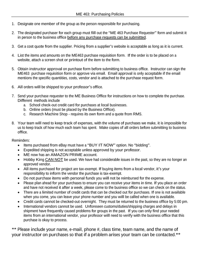 ME 463 Purchasing Policies screenshot