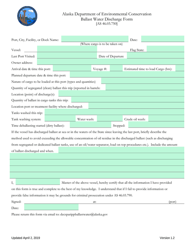Ballast Water Discharge Form screenshot
