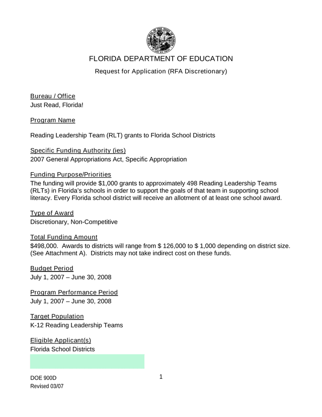 Request For Application (RFA Discretionary)   Reading Leadership Team Grants screenshot