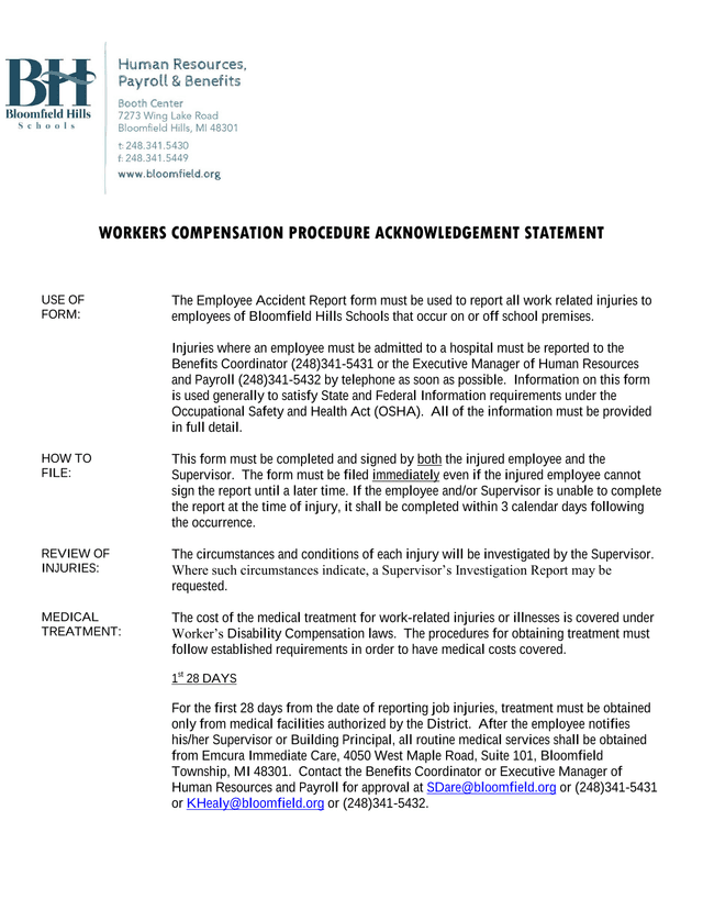 Workers Compensation Procedure Acknowledgement Statement screenshot