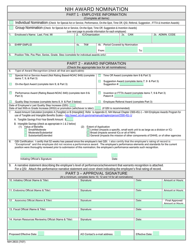 NIH Award Nomination screenshot