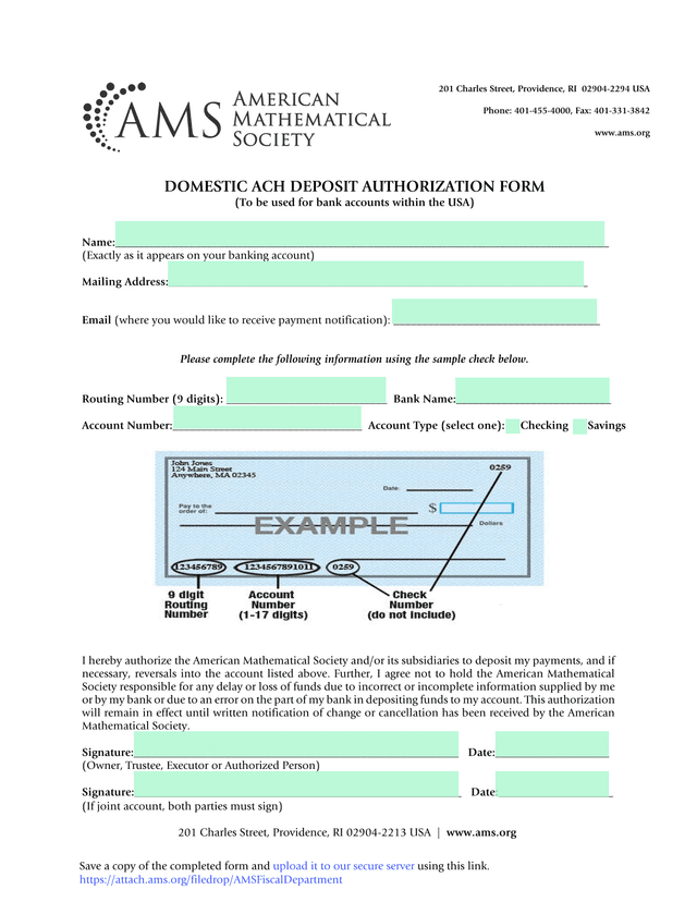 DOMESTIC ACH DEPOSIT AUTHORIZATION FORM screenshot